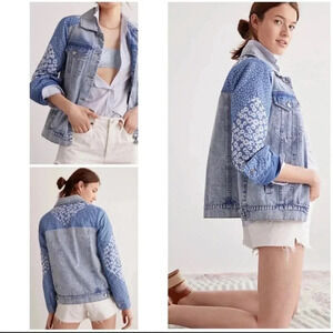 NWT Avec Les Filles Blue Jean Denim Patchwork Boho Jacket Quilted Sleeves